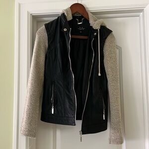 Faux leather and sweater material jacket with hood size XS